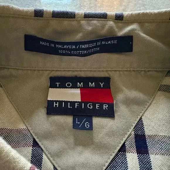 Tommy Hilfiger button up long sleeve flannel shirt plaid size large beige blue - Picture 8 of 13